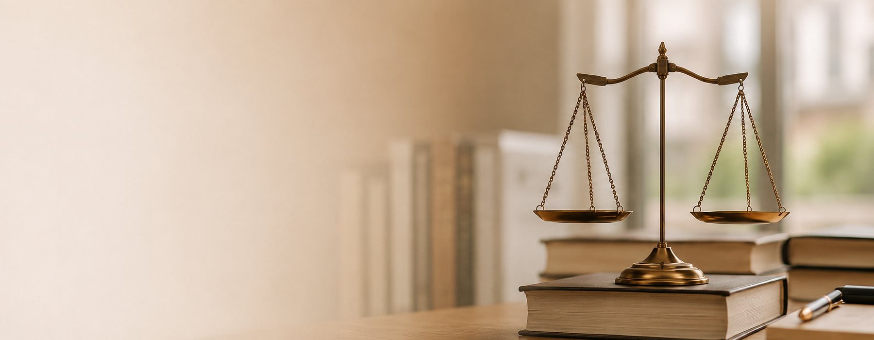 Balança da justiça sobre livros de Direito, no escritório Thisbe Faben Advogados